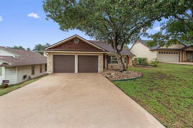8407 Bargamin Dr, Austin, TX 78736 - ranch-style house featuring stone siding, a front lawn, a garage, and concrete driveway
