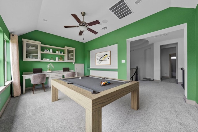 8108 Turning Leaf Cir, Lago Vista, TX 78645 - playroom featuring vaulted ceiling, light carpet, a ceiling fan, and billiards
