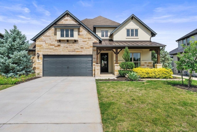 8108 Turning Leaf Cir, Lago Vista, TX 78645 - view of front of property with a standing seam roof, concrete driveway, stone siding, a garage, and a front yard