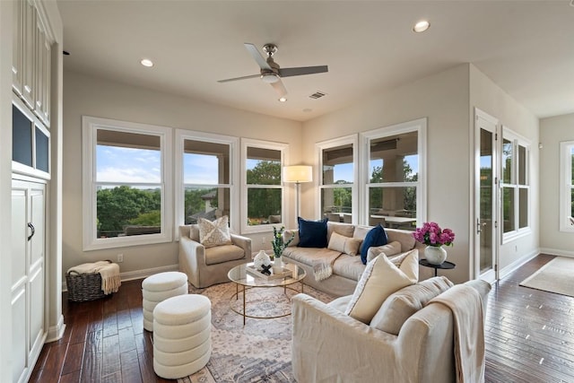 512 Newhall Cv, Austin, TX 78746 - living area with baseboards, dark wood-style flooring, ceiling fan, and recessed lighting
