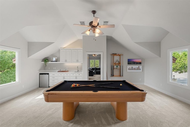 512 Newhall Cv, Austin, TX 78746 - rec room with billiards, light colored carpet, plenty of natural light, and vaulted ceiling