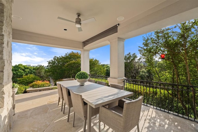 512 Newhall Cv, Austin, TX 78746 - view of patio / terrace featuring ceiling fan, view of scattered trees, and outdoor dining space