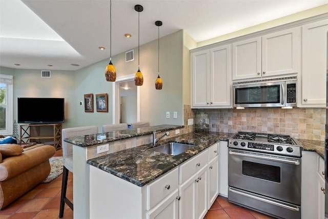 512 Newhall Cv, Austin, TX 78746 - kitchen featuring stainless steel appliances, a sink, open floor plan, a peninsula, and decorative backsplash