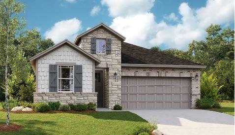 1028 Stonehill Dr, Georgetown, TX 78633 - view of front facade with a garage, stone siding, driveway, and a front yard