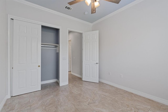 282 Trail Of The Flowers, Georgetown, TX 78633 - unfurnished bedroom with crown molding, a closet, baseboards, and a ceiling fan