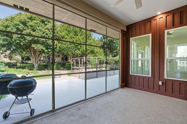 282 Trail Of The Flowers, Georgetown, TX 78633 - unfurnished sunroom featuring a ceiling fan