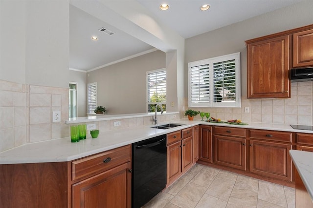 282 Trail Of The Flowers, Georgetown, TX 78633 - kitchen featuring black appliances, a sink, brown cabinets, backsplash, and recessed lighting