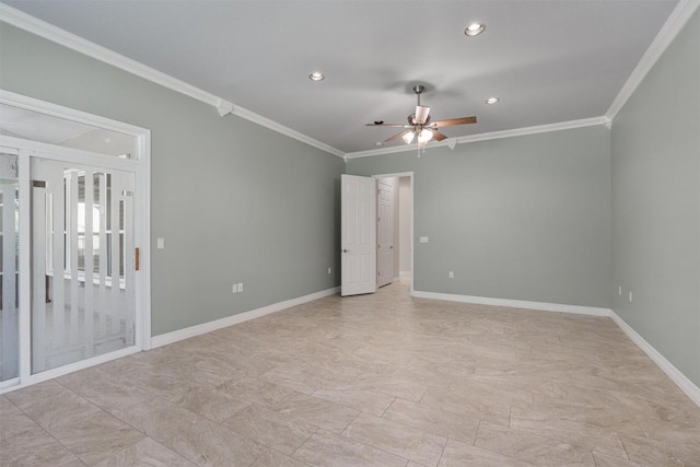 282 Trail Of The Flowers, Georgetown, TX 78633 - spare room featuring crown molding, ceiling fan, recessed lighting, and baseboards