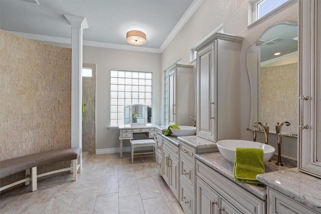 282 Trail Of The Flowers, Georgetown, TX 78633 - full bath with ornamental molding, vanity, and decorative columns