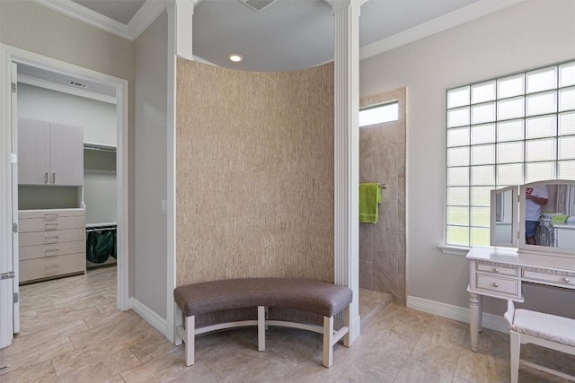 282 Trail Of The Flowers, Georgetown, TX 78633 - full bathroom with crown molding, walk in shower, baseboards, and a spacious closet