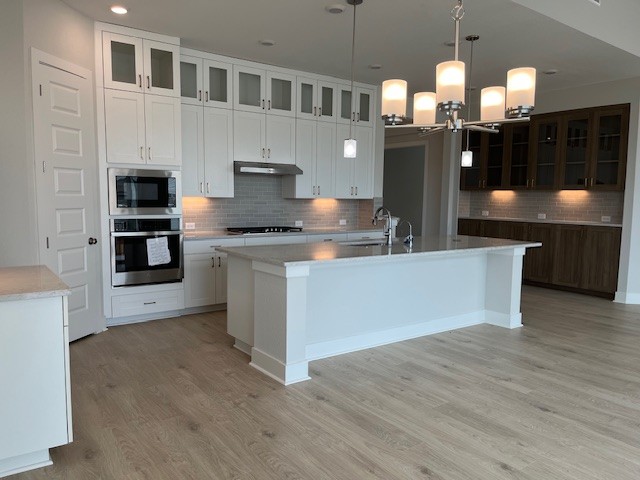 6200 Alamosa Clearing Dr, Austin, TX 78738 - kitchen with appliances with stainless steel finishes, under cabinet range hood, decorative backsplash, a center island with sink, and light wood-style floors
