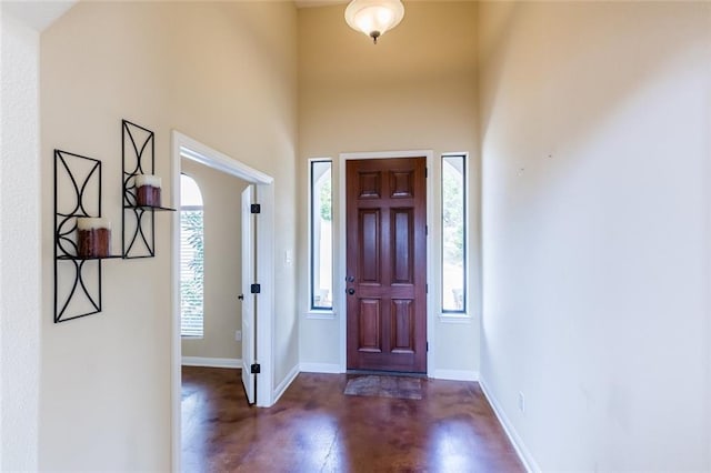 159 Catfish Cv, Dripping Springs, TX 78620 - entrance foyer with finished concrete flooring, healthy amount of natural light, baseboards, and a towering ceiling