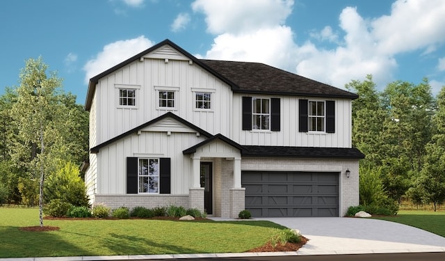 116 Alistair Dr, Georgetown, TX 78633 - modern farmhouse featuring brick siding, a front yard, board and batten siding, an attached garage, and driveway