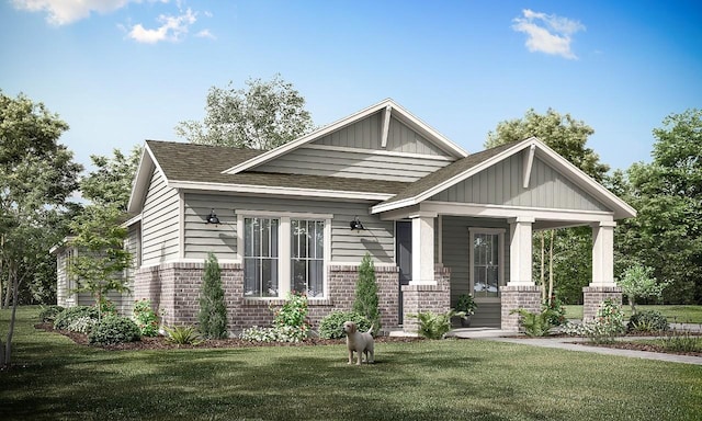 8610 Dongan Dr, Austin, TX 78744 - craftsman-style home featuring brick siding, a front yard, board and batten siding, and a shingled roof