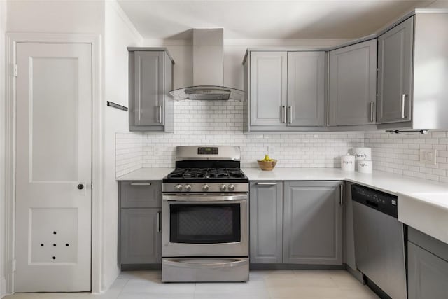 5306 Harmon Ave, Austin, TX 78751 - kitchen with appliances with stainless steel finishes, gray cabinets, wall chimney range hood, and decorative backsplash