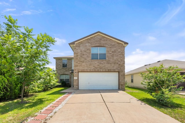 18109 Canopy Ln, Manor, TX 78653 - traditional-style home featuring brick siding, an attached garage, a front yard, and concrete driveway