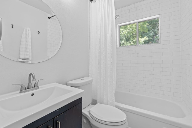 5206 Ledesma Rd, Austin, TX 78721 - bathroom with toilet, vanity, and shower / bathtub combination with curtain