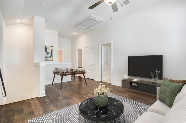 1801 Roseburg Dr Unit 29, Austin, TX 78754 - living room with ceiling fan, wood finished floors, attic access, recessed lighting, and baseboards