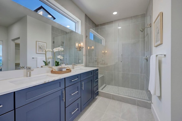 4300 Mansfield Dam Rd Unit 1231, Austin, TX 78734 - full bathroom with tile patterned floors, double vanity, a stall shower, and recessed lighting