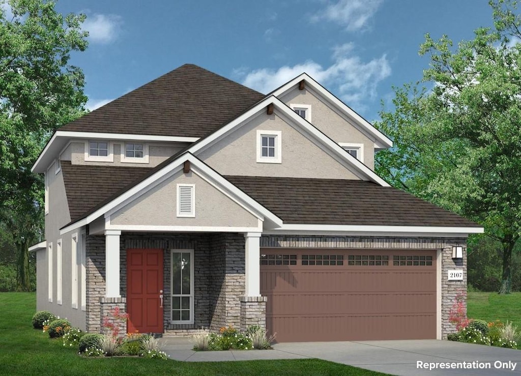 2605 Sam Bass Rd Unit 104, Round Rock, TX 78781 - view of front of property with stone siding, stucco siding, a shingled roof, a garage, and concrete driveway