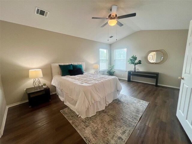 144 Sampson, Kyle, TX 78640 - bedroom with dark wood-type flooring, lofted ceiling, baseboards, and ceiling fan