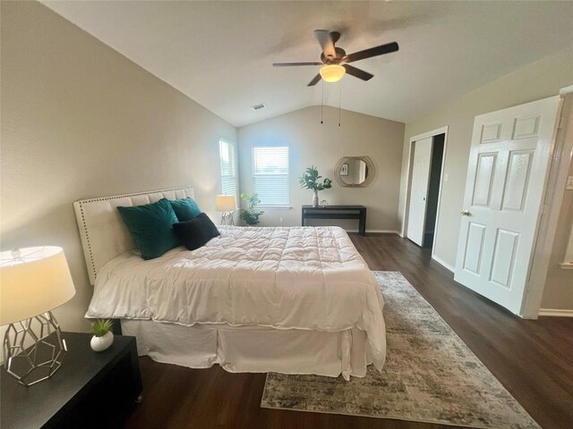 144 Sampson, Kyle, TX 78640 - bedroom featuring dark wood finished floors, lofted ceiling, baseboards, and ceiling fan