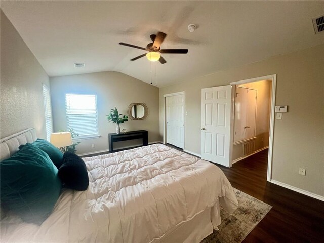 144 Sampson, Kyle, TX 78640 - bedroom featuring wood finished floors, baseboards, vaulted ceiling, and a ceiling fan