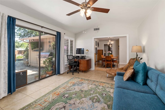 6903 Moonmont Dr, Austin, TX 78745 - living room with a desk, light tile patterned flooring, vaulted ceiling, ceiling fan, and a chandelier