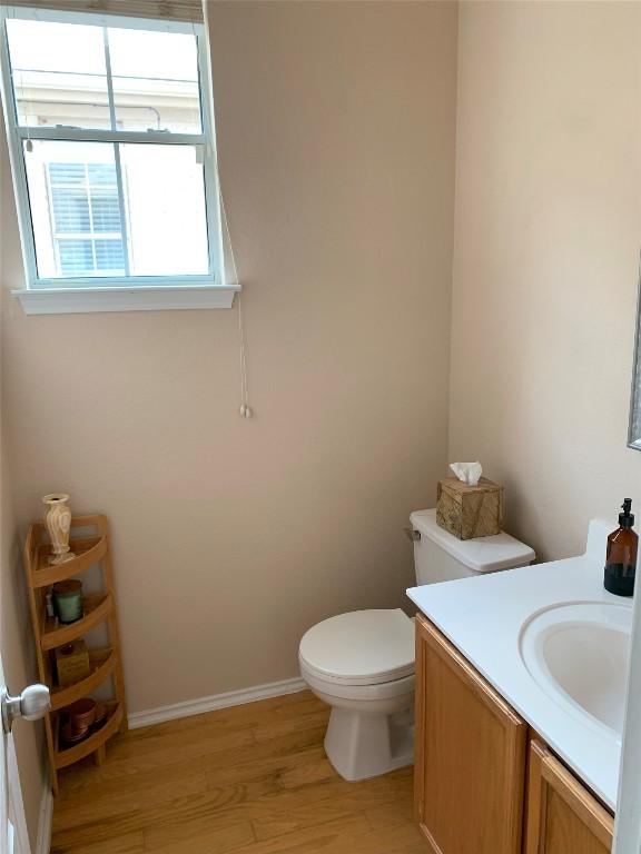 1813 Country Squire Dr, Cedar Park, TX 78613 - half bath featuring wood finished floors, toilet, vanity, and baseboards