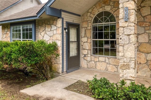 2509 Riddle Rd, Austin, TX 78748 - property entrance with stone siding and roof with shingles
