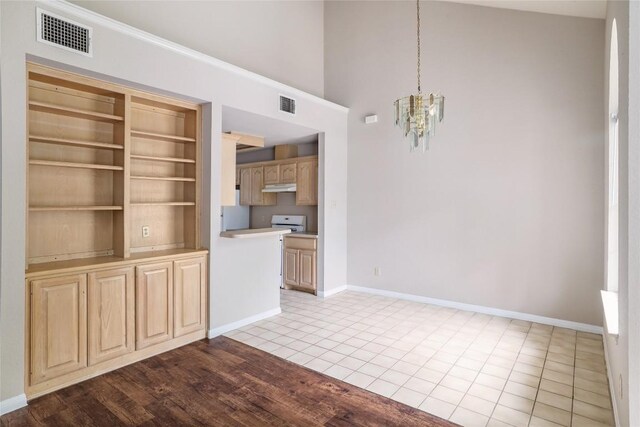 2509 Riddle Rd, Austin, TX 78748 - unfurnished dining area featuring a chandelier, baseboards, a towering ceiling, and wood finished floors