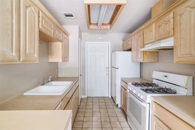 2509 Riddle Rd, Austin, TX 78748 - kitchen with white appliances, under cabinet range hood, light brown cabinetry, a sink, and light countertops