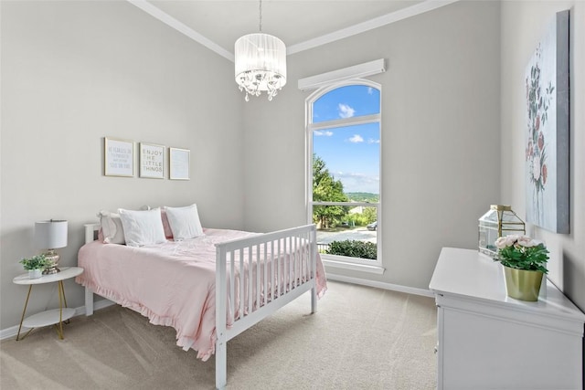 405 Mirafield Ln, Austin, TX 78737 - bedroom with baseboards, light colored carpet, a chandelier, and crown molding