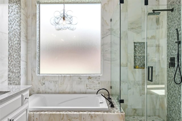405 Mirafield Ln, Austin, TX 78737 - full bathroom featuring a bath, vanity, a marble finish shower, and a chandelier