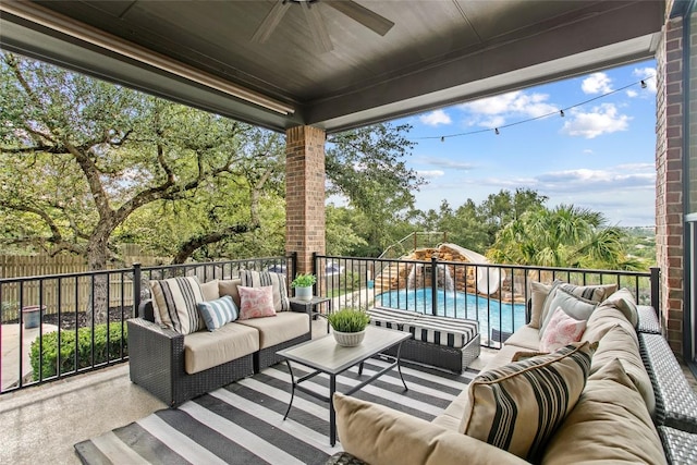 405 Mirafield Ln, Austin, TX 78737 - view of patio / terrace with an outdoor living space, a ceiling fan, and view of scattered trees