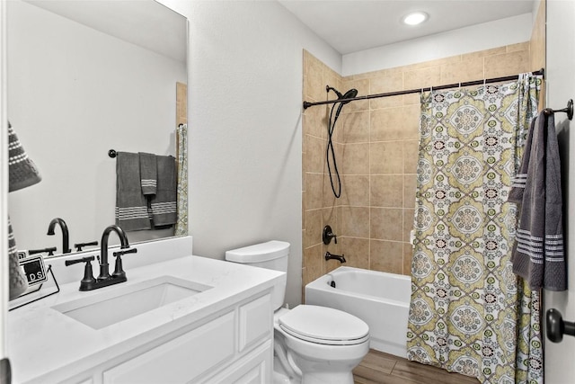 405 Mirafield Ln, Austin, TX 78737 - bathroom featuring vanity, toilet, shower / bath combination with curtain, and wood finished floors