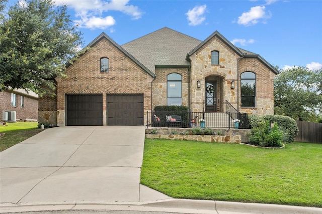 405 Mirafield Ln, Austin, TX 78737 - french provincial home with stone siding, brick siding, cooling unit, driveway, and an attached garage