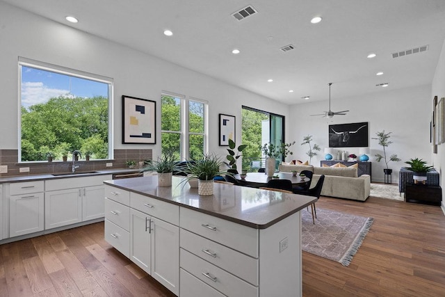 5324 Agatha Cir, Austin, TX 78724 - kitchen with a sink, recessed lighting, wood finished floors, a ceiling fan, and a center island
