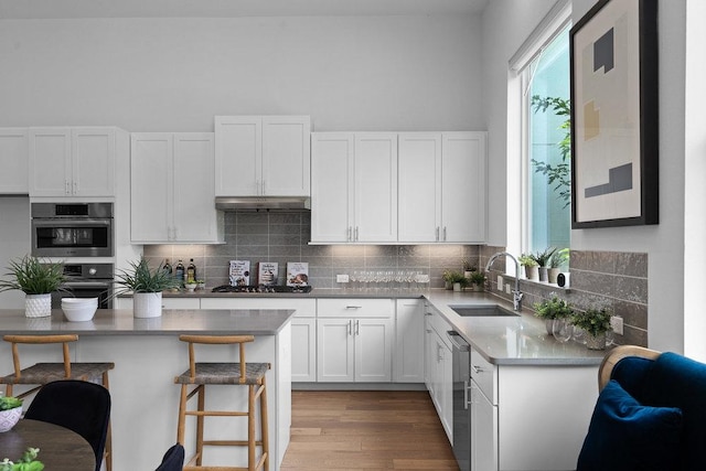 5324 Agatha Cir, Austin, TX 78724 - kitchen with a kitchen bar, white cabinets, light wood finished floors, and backsplash