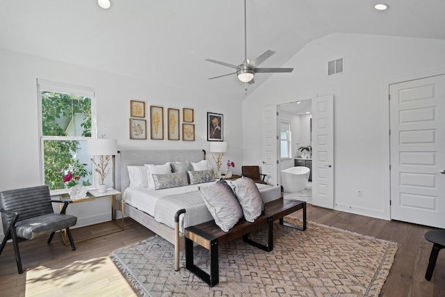 5324 Agatha Cir, Austin, TX 78724 - bedroom with vaulted ceiling, wood finished floors, connected bathroom, ceiling fan, and recessed lighting