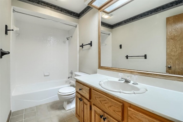 213 Hurst Creek Rd, Austin, TX 78734 - full bathroom with toilet, vanity, tub / shower combination, crown molding, and tile patterned flooring