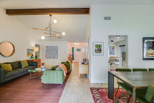 7000 Shadywood Dr, Austin, TX 78745 - living room with a chandelier, beamed ceiling, high vaulted ceiling, and light tile patterned floors