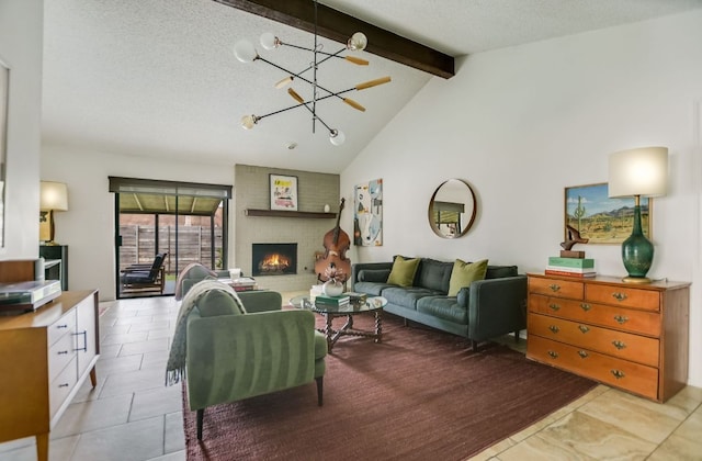 7000 Shadywood Dr, Austin, TX 78745 - living area with a chandelier, a brick fireplace, light tile patterned floors, and a textured ceiling