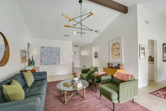 7000 Shadywood Dr, Austin, TX 78745 - living area featuring a chandelier, beamed ceiling, high vaulted ceiling, and light tile patterned floors