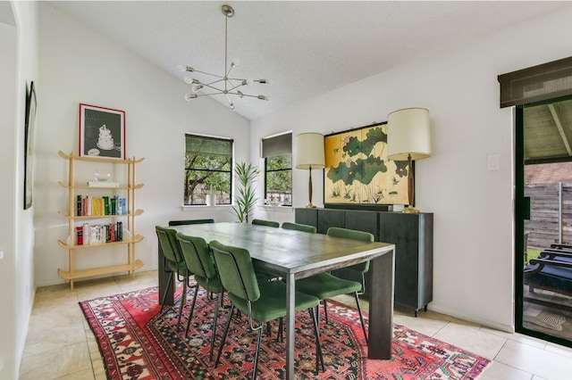 7000 Shadywood Dr, Austin, TX 78745 - dining space with a chandelier, light tile patterned floors, and lofted ceiling