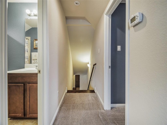 1501 Daylily Loop, Georgetown, TX 78626 - corridor featuring an upstairs landing, lofted ceiling, light colored carpet, a sink, and baseboards