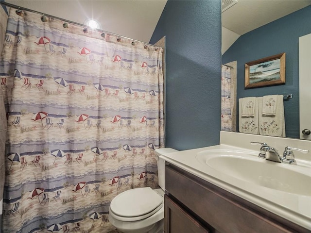 1501 Daylily Loop, Georgetown, TX 78626 - bathroom with a textured wall, toilet, vanity, lofted ceiling, and curtained shower