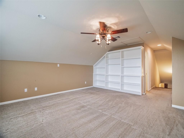 1501 Daylily Loop, Georgetown, TX 78626 - additional living space featuring a ceiling fan, built in shelves, lofted ceiling, light carpet, and recessed lighting