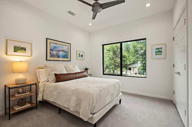 2312 Pruett St, Austin, TX 78703 - bedroom with carpet flooring, baseboards, recessed lighting, and a ceiling fan