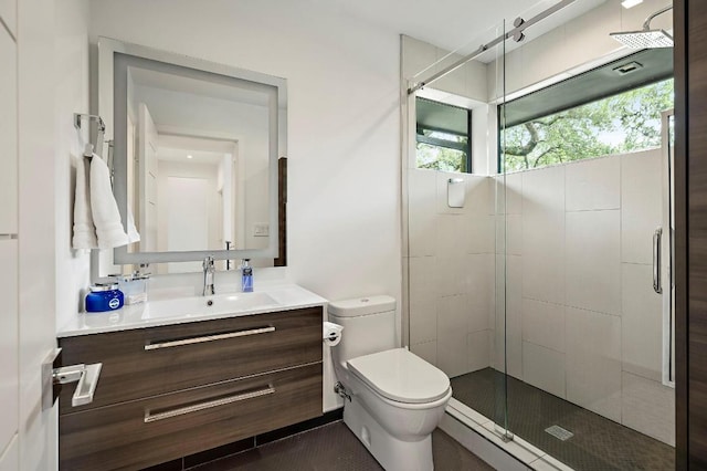 2312 Pruett St, Austin, TX 78703 - bathroom featuring a stall shower, vanity, and toilet